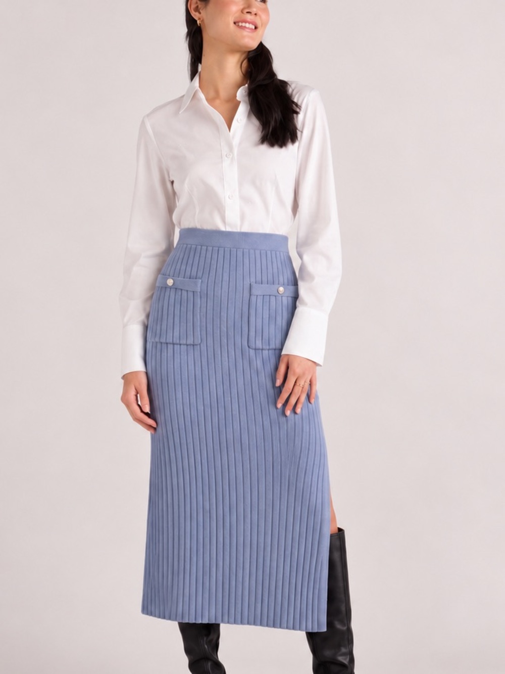 Vintage 90s Christian Lacroix Periwinkle Ribbed Knit Midi Skirt Y2K Minimalist L